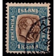1907 - Island - AFA 60 - 1 krona blå/brun - Frimærke - Kongerne Chr IX og Frederik VIII - Stemplet.